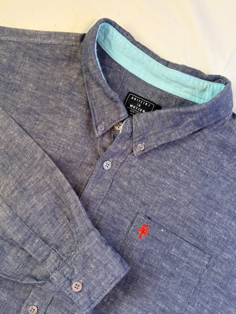 Artistry In Motion Men's Cotton Linen Chambray Lobster Shirt Button Down XL